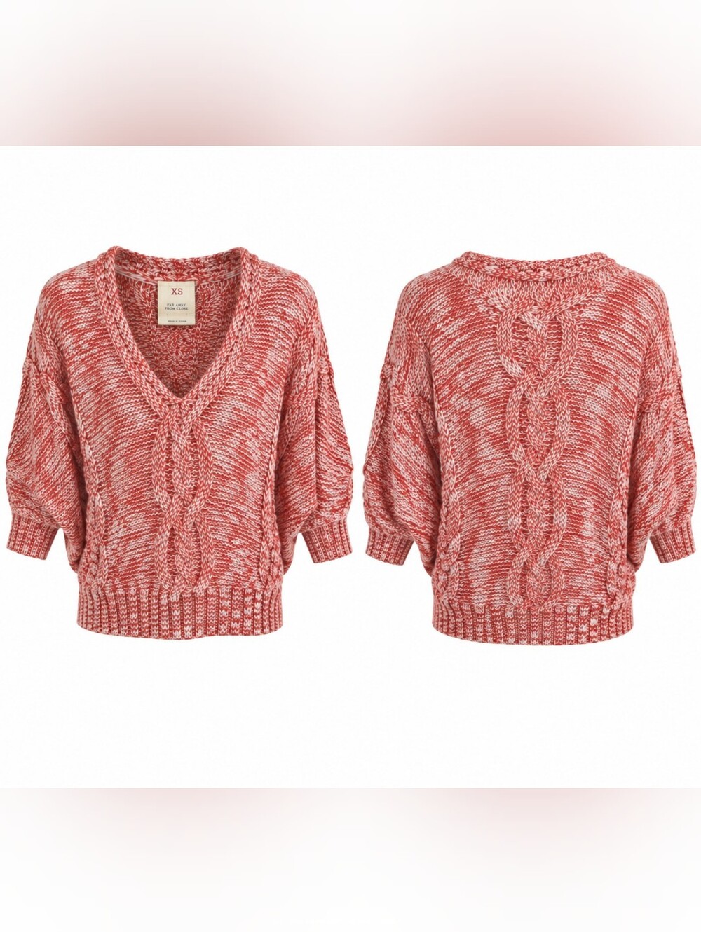 Anthropologie Far Away From Close Geranium Cable Knit Sweater Vneck Red White XS